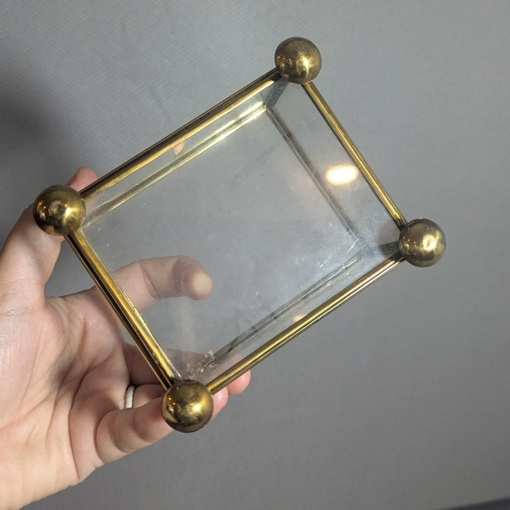 Vintage Brass and Clear Glass Jewelry Trinket Casket Box Set of 2 Footed